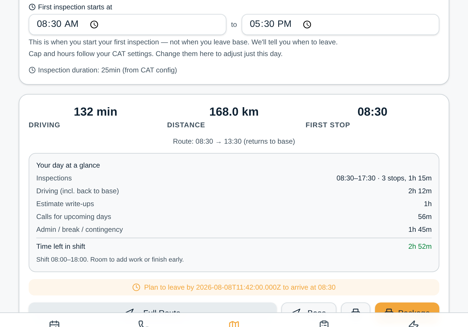 The route planner, with drive time, distance and the day's budget